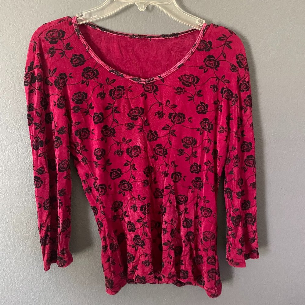 Red with Black Roses Long Sleeve Shirt